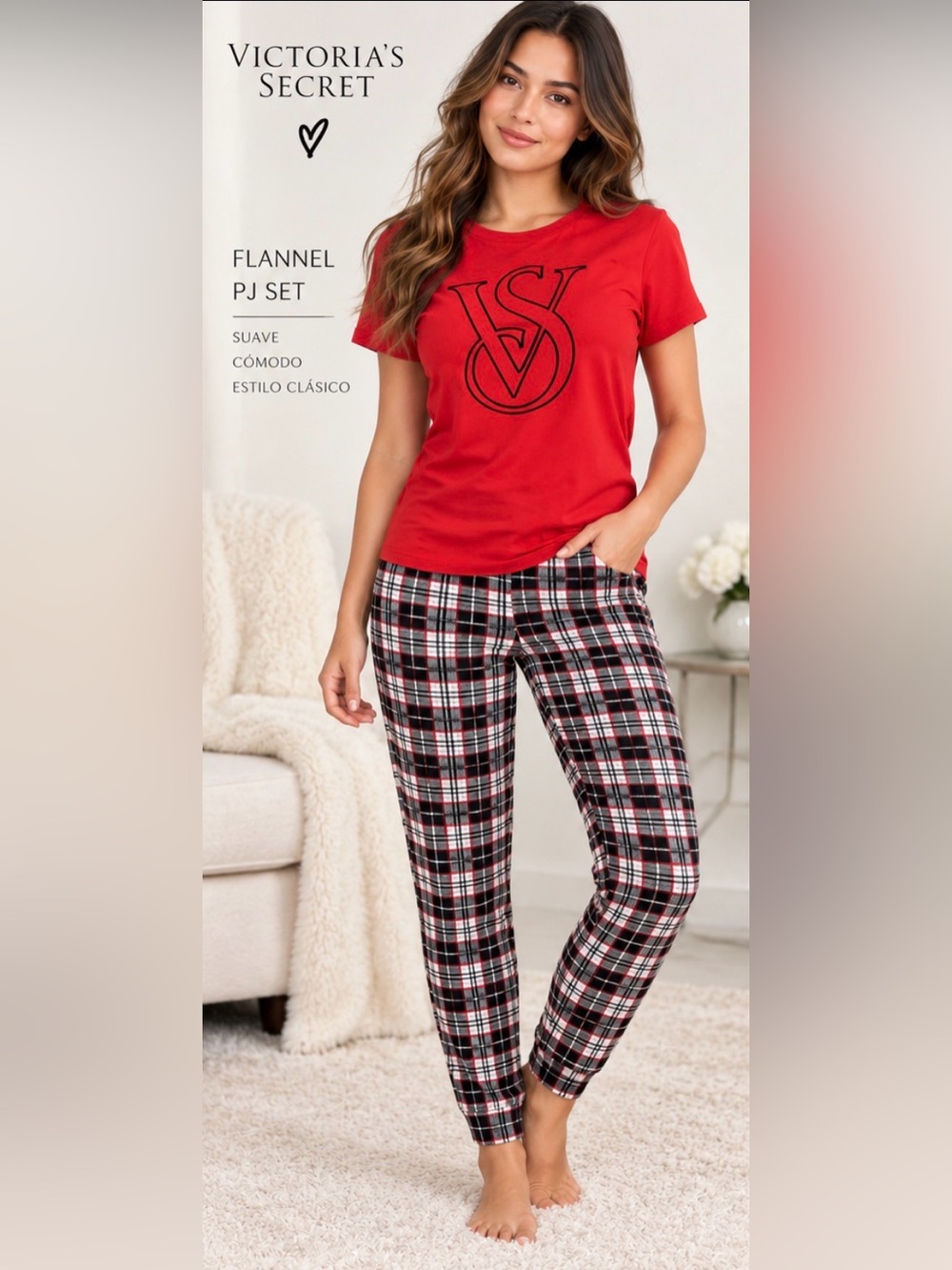Victoria's Secret Red Tee & Black/White/Red Plaid Flannel PJ Set